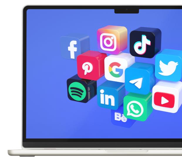 Macbook mit Social Media Icons